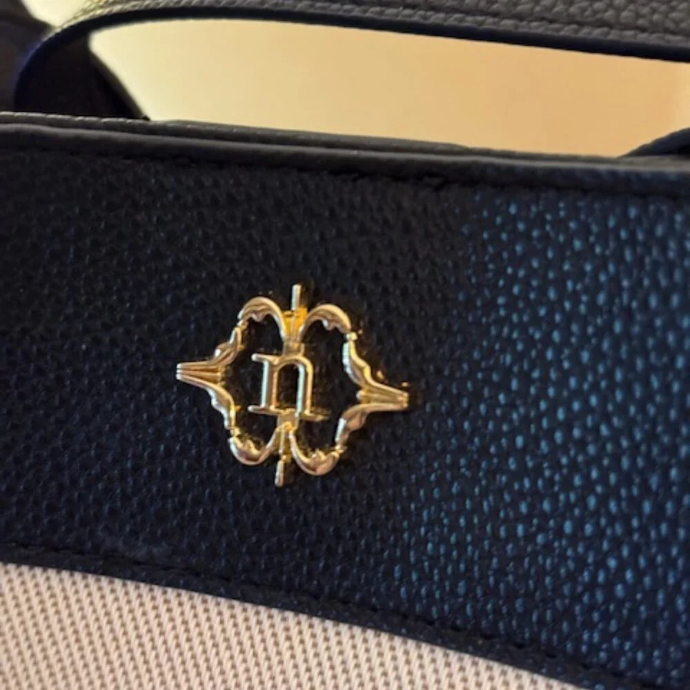 Nanette Lepore black leather and beige canvas shoulder handbag (#102) - Picture 7 of 8